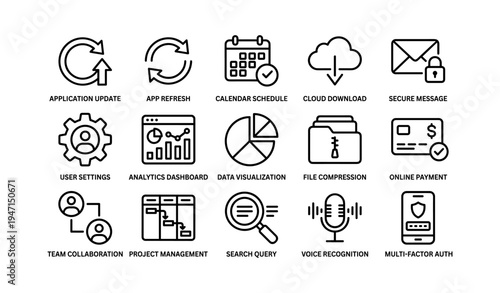 Business icons set featuring user settings, cloud download, voice recognition, and online payment