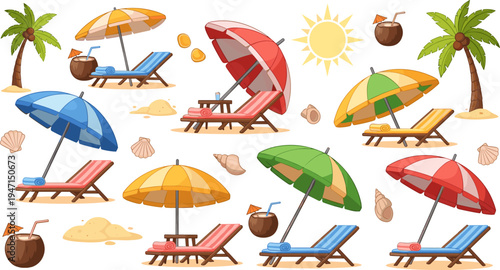 Summer Beach Vacation Elements Collection with Colorful Umbrellas, Sun Loungers, Palm Trees, Coconut Drinks, Sun and Seashells Cartoon Vector Set