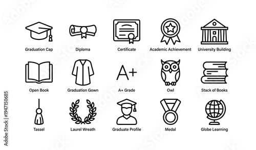 Education symbols: graduation cap, diploma, certificate, and academic icons