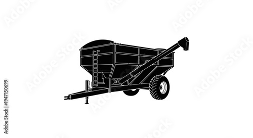 Black farm trailer with single wheel and metal frame on white background for agricultural or industrial use