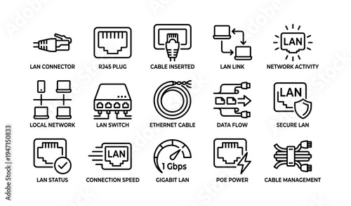 Lan network icon set: cables, switch, data flow diagrams for secure connectivity