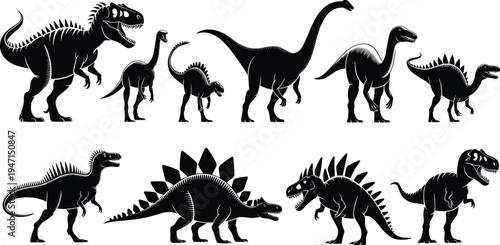 Collection of Black Silhouettes of Various Dinosaurs from the Jurassic and Cretaceous Periods prehistoric