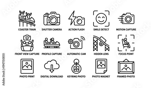 Amusement park icons: roller coaster, camera, flash, smile, print