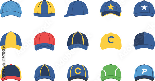Colorful Baseball Cap Collection Set Featuring Different Sport Hat Styles with Letters and Star Symbols Isolated on White Background for Apparel and Fashion Design