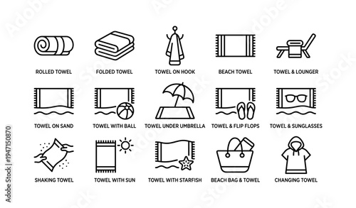Beach essentials icons: towels, umbrella, flip flops, sunglasses, lounger