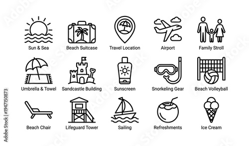 Summer vacation icons: beach, travel, family, and recreation symbols