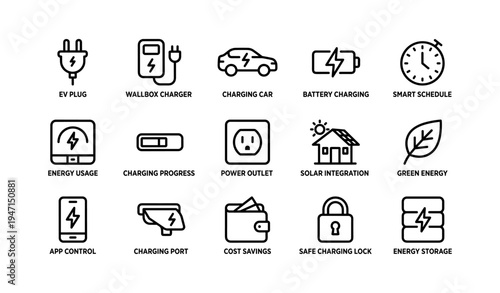 Electric vehicle charging icons set for energy management and sustainability