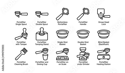 Coffee equipment icons: portafilter, tamper, dosing cup, grinder, scale for baristas