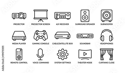 Home theater icons set: projector, speakers, gaming console, more
