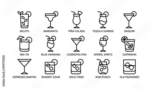 Assorted drink icons: mojito, margarita, piña colada, tequila sunrise, daiquiri, and more