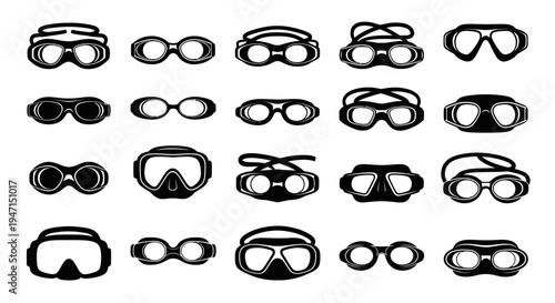 Collection of various black goggles and glasses on white background for safety and fashion concepts