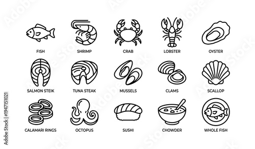Seafood icons featuring fish, shrimp, crab, lobster, and oyster illustrations