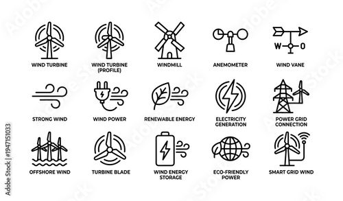 Icon set illustrating wind energy elements renewable power and sustainable technology