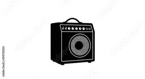 Black guitar amplifier with white outline and mesh speaker grille on a plain background
