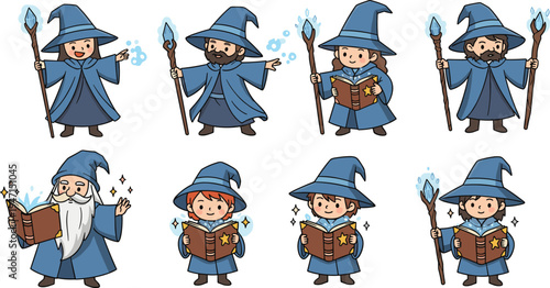 Cute wizard characters set holding magic staff and spellbook, cartoon fantasy illustration collection for children games, books, and magical designs