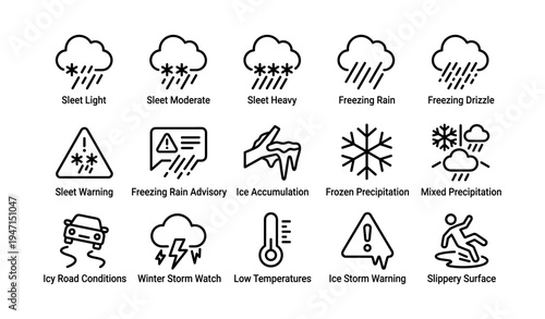 Weather alert icons for sleet, freezing rain, and icy conditions