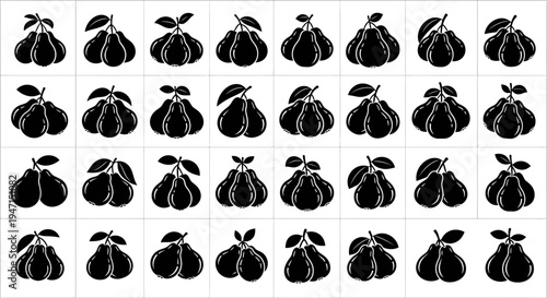 Black pear icons arranged in grid pattern on white background for design elements