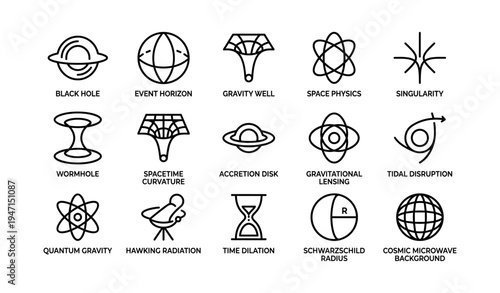 Black hole and related astrophysical concepts illustrated with icons