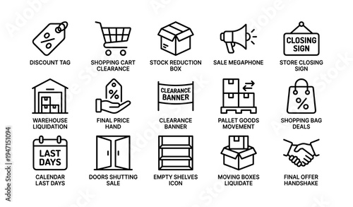 Retail liquidation icons: discount tag, shopping cart, clearance, sale, closing signs