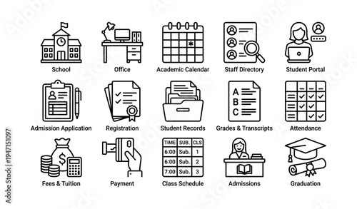 Educational administration icons: school setup, records, admissions, graduation essentials
