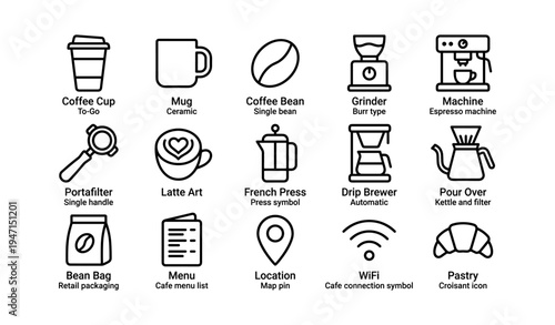 Collection of coffee icons including cup, mug, bean, grinder, and espresso machine