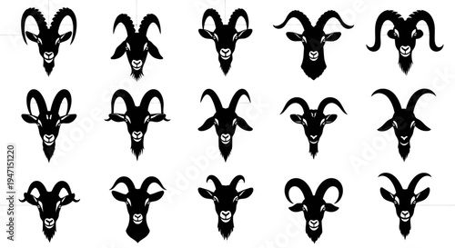 Collection of black goat head silhouettes with horns on white background animal icons