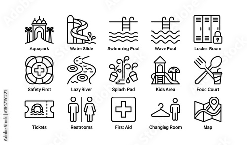 Aquatic park icon set: pools, kids area, food court, safety, amenities