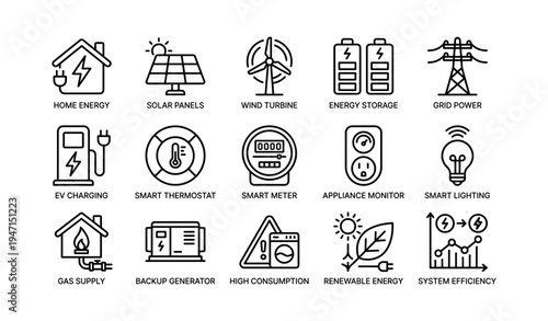 Renewable energy icons: solar panels, wind turbine, smart thermostat, ev charging, energy storage