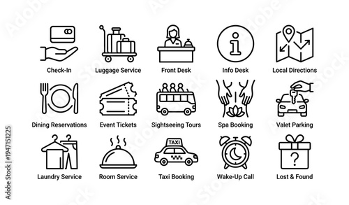Hotel services icons: check-in, luggage, front desk, info, directions, dining, tickets