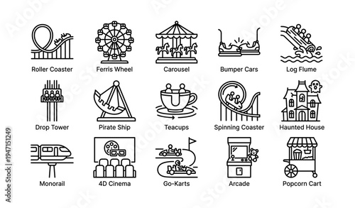 Amusement park ride icons: roller coaster, ferris wheel, carousel, bumper cars, log flume, and more
