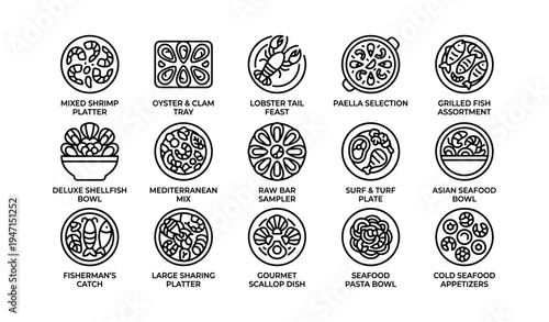 Diverse seafood platters featuring shrimp, lobster, and paella selections