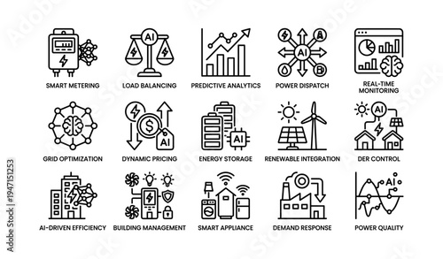 Ai-driven energy management and optimization icons set for sustainable smart grids