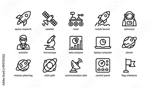 Space exploration icons set featuring rockets, satellites, rovers, and astronauts