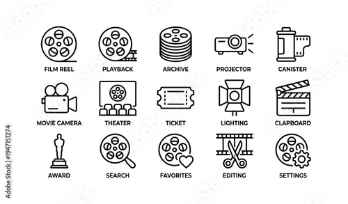Film icons: reel, projector, camera, theater, award, editing, settings