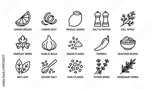Set of spice and herb line icons with citrus and garlic for cooking