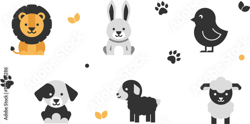 Cute Farm and Wild Baby Animals Collection Featuring Lion, Rabbit, Chick, Puppy, Goat, and Sheep with Paw Prints in Flat Cartoon Vector Style