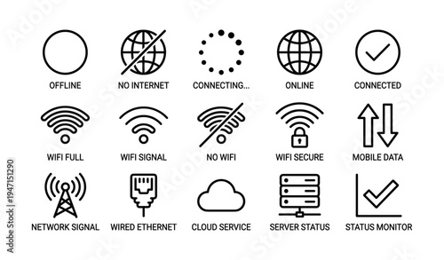 Internet connectivity and network status icons for technology applications