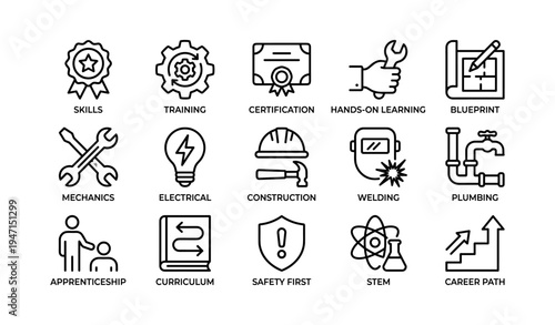 Vocational skills icons: training, certification, stem, and career path icons