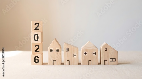 2026 Real Estate Market wooden blocks with house icons for property investment and housing plan