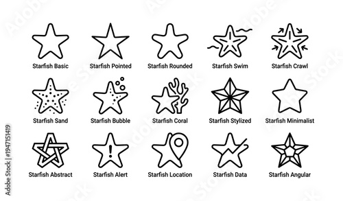 Different starfish icons collection featuring unique designs and styles