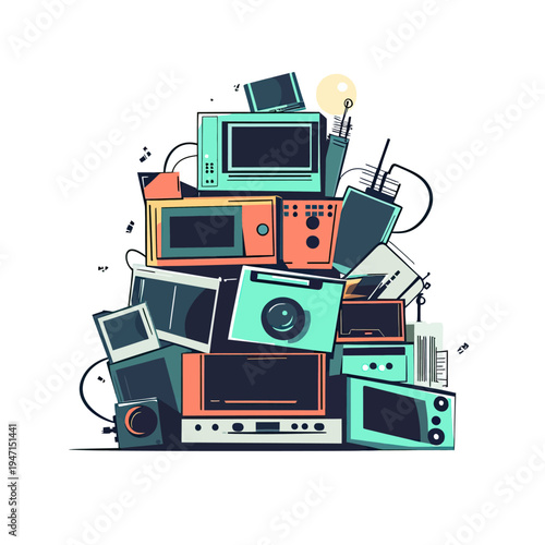 Pile of retro electronic devices including vintage radios, microwaves, cameras, and telephones stacked in flat minimalist vector style with teal orange and black colors on white background