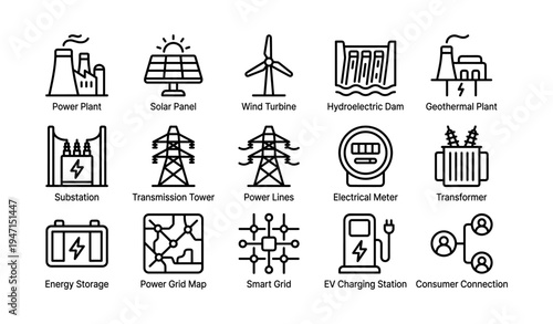 Renewable energy icons: solar, wind, hydro, and power infrastructure symbols