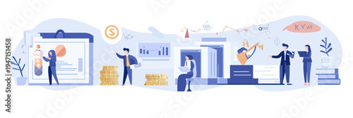 Finance professionals working with financial reports, stacks of coins, growth charts, and tax documents in office flat vector illustration