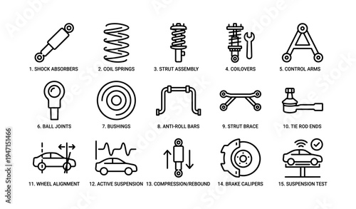 Car suspension system components diagram with shock absorbers and coil springs