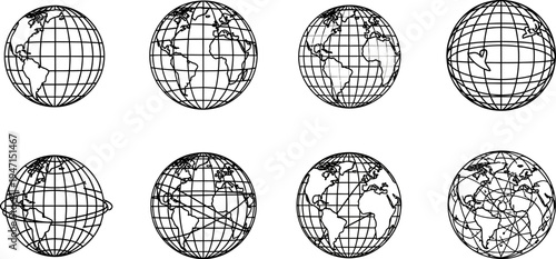 black and white illustration of multiple globe earth from different angles on white background