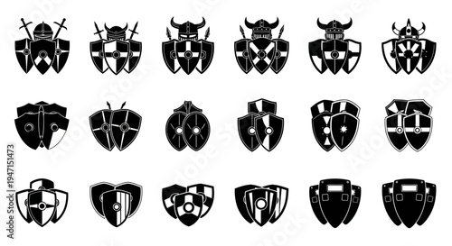 Collection of 20 unique black shield logos with various designs on white background for branding and identity use