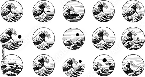 Collection of vintage Japanese wave icons in black and white circular frames