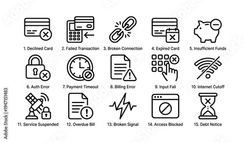 Banking error icons set showcasing payment failures and financial issues