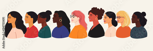 Diverse group of women profile portraits showing unity strength and solidarity in flat minimalist style illustration for International Women's Day concept banner