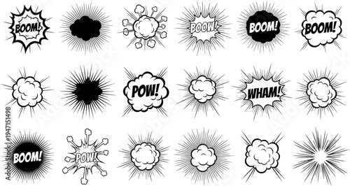 Collection of comic book style explosion and impact graphic elements with words like boom pow wham